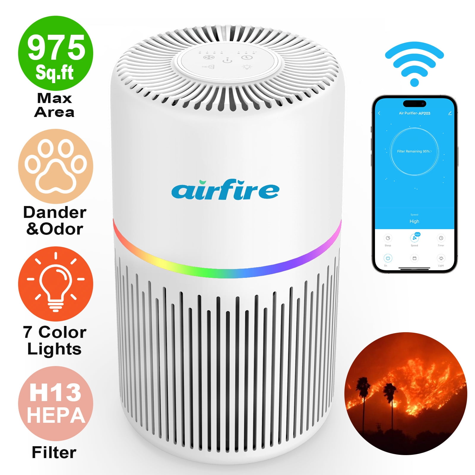 AIRFIRE Air Purifiers for Home 975sq.ft HEPA Air Purifiers with APP for Bedroom, Pollen, Wildfire/Smoke, Pet Dander&Odor, Dust,AP203, White,2026 New