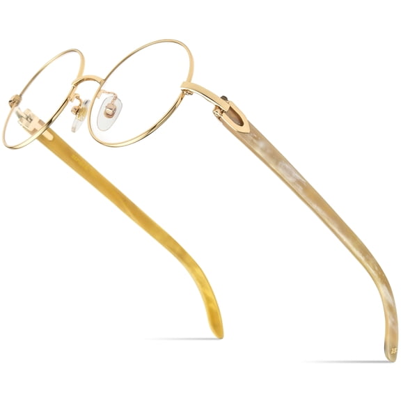 HEPIDEM 100% Really Buffalo Horn Glasses Frame for Men Luxury Round Eyeglasses (0012 Gold White)