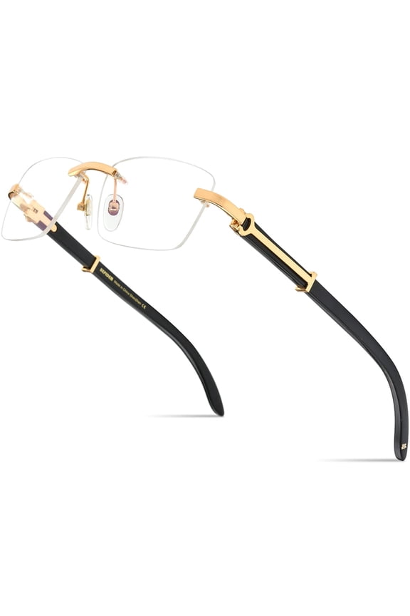 100% Really Buffalo Horn Handmade Eyeglasses Frame ,Square Rimless Buffs Glasses (50251 Black)
