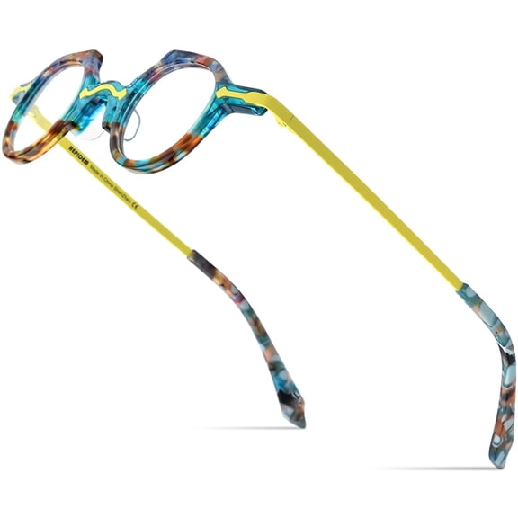 HEPIDEM Acetate Glasses Frame Alloy Temple Men Small Retro Cat Eye Eyeglasses Women Optical Spectacles (9341 Yellow C1)