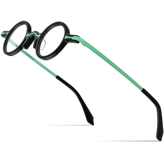HEPIDEM Acetate Glasses Frame Alloy Temple Men Small Retro Round Eyeglasses Women Optical Spectacles (9215 Black)