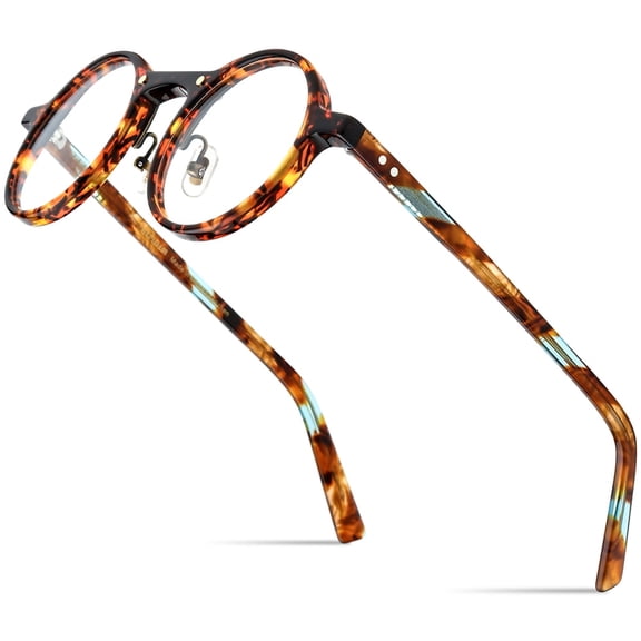 HEPIDEM Acetate Glasses Frame Men,Round Optical Eyeglasses Women Vintage Retro Eyewear (9194 Green Leopard)