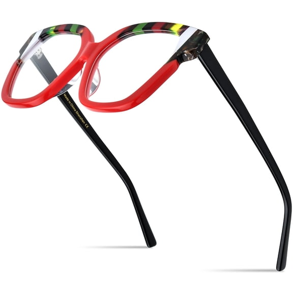 HEPIDEM Multicolor Acetate Glasses Frame Women,Oversize Square Optical Eyeglasses (9340 Red C4)