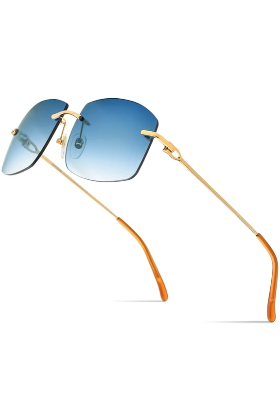 Rimless Rectangle Oversize Square Sunglasses for Men with Nylon Lens (50248 Gold Frame Blue Lens)