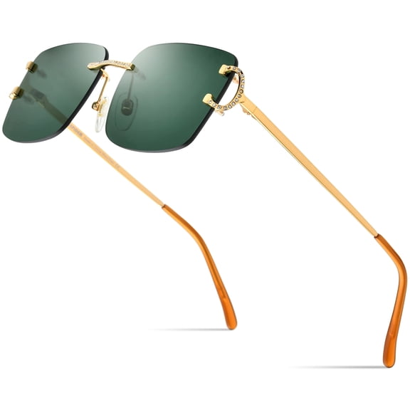 HEPIDEM Rimless Rectangle Zircon Diamonds Square Sunglasses for Men with Nylon Lens (50249 Gold Frame Dark Green Lens)