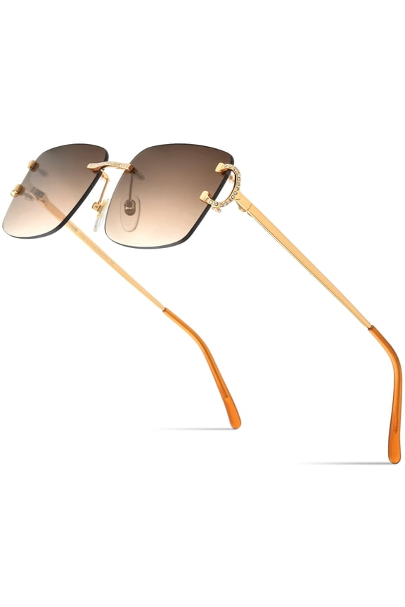 Rimless Rectangle Zircon Diamonds Square Sunglasses for Men with Nylon Lens (50249 Gold Frame Gradient Tea Lens)
