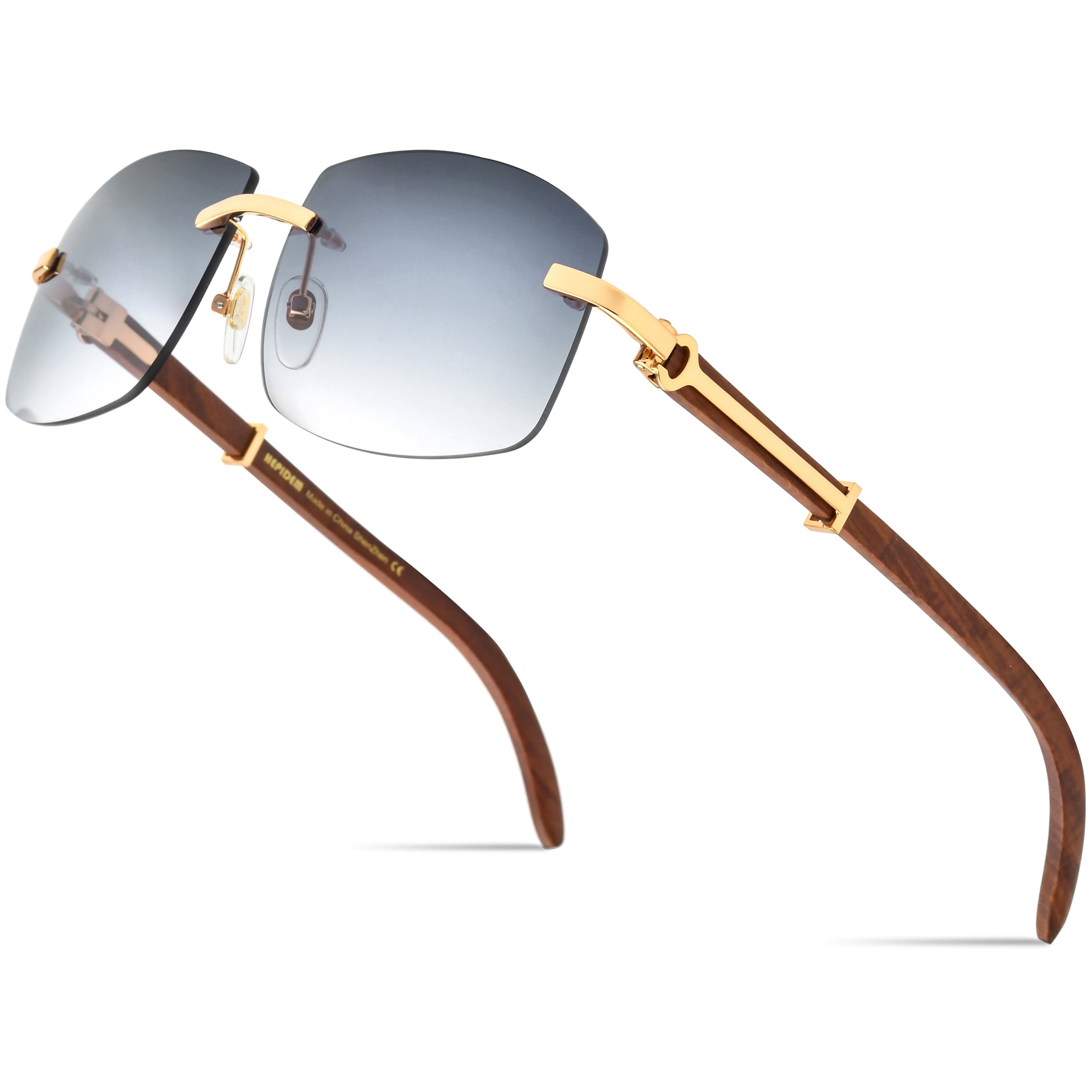 HEPIDEM Wood  Sunglasses for Men Rimless Square Wood Sun Glasses (50259 Wood Gray)