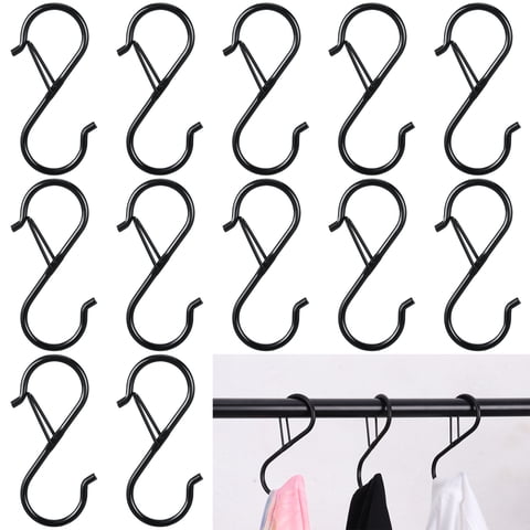 HEQUSIGNS 12Pcs Heavy Duty Rustproof Safety Buckle Design S Hook, Black S Hooks for Kitchen Utensil and Closet Rod, Hanging Plants, Pots and Pans, Bathroom, Bags(Black)