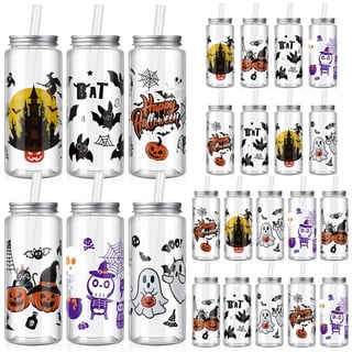 HEQUSIGNS 24 Packs Halloween Plastic Tumbler with Lid and Straw, 13.5 oz Christmas Plastic Tumblers with Lids and Straws Bulk for Halloween Ghost Decorations, Reusable Cups for Halloween Party