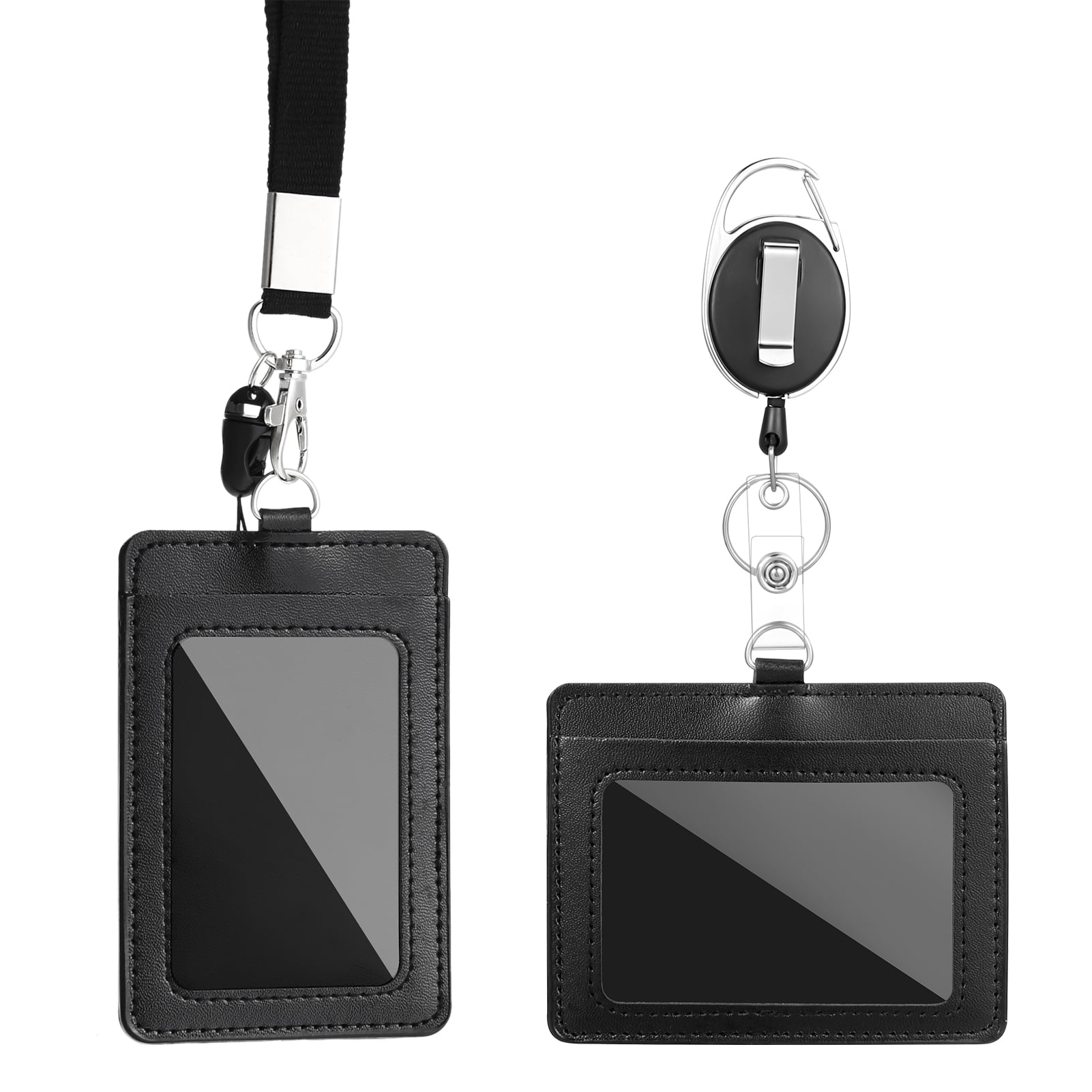 HEQUSIGNS 2Pcs Retractable Badge Holder, Heavy Duty PU Leather Black