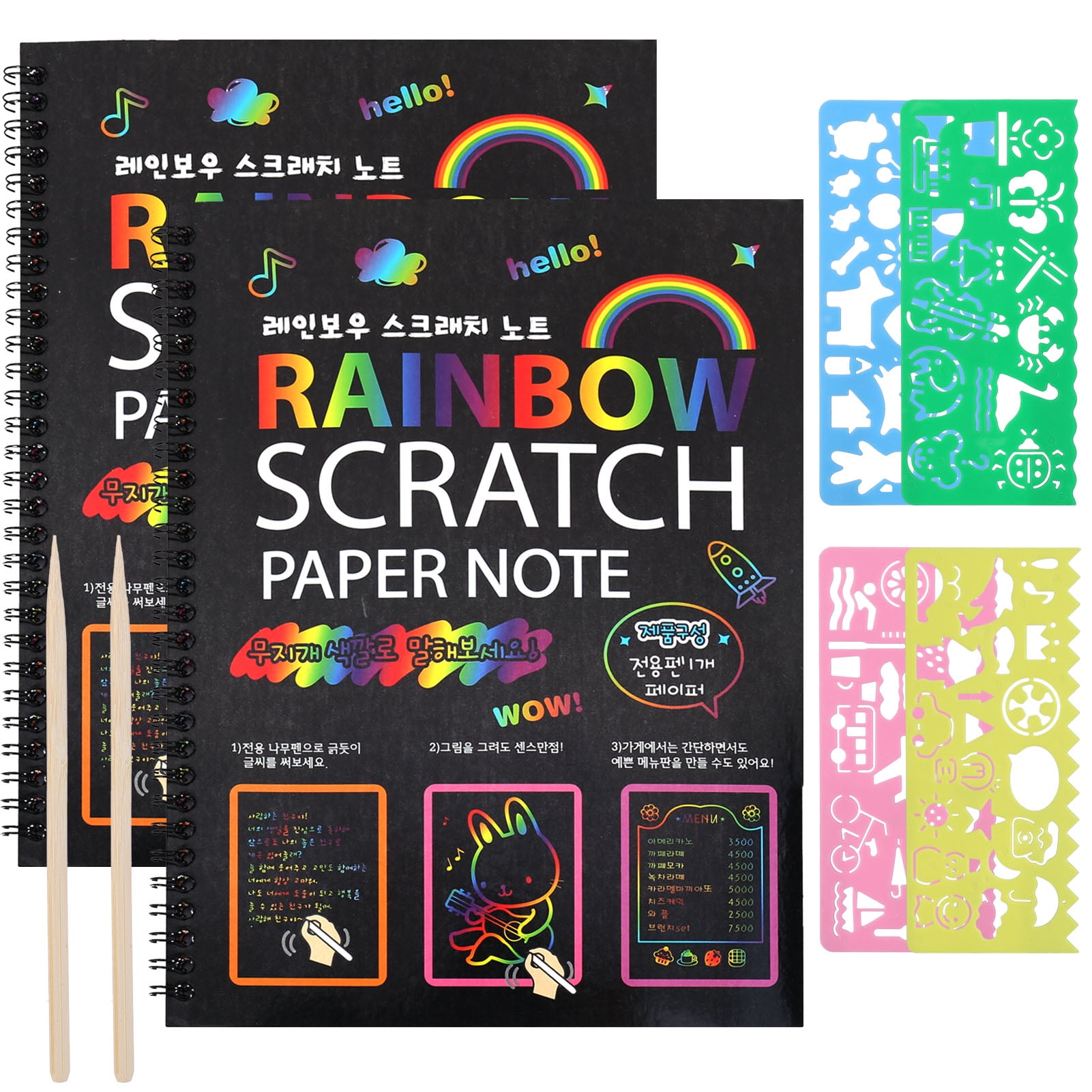 HEQUSIGNS 2Pcs Scratch Paper Art, Magic Rainbow Scratch Notebook Set,Large  Painting Paper Boards Art Book with 2 Pens 4 Drawing Stencils for Ages 4-12  Boys Girls Birthday Christmas Party Gift 