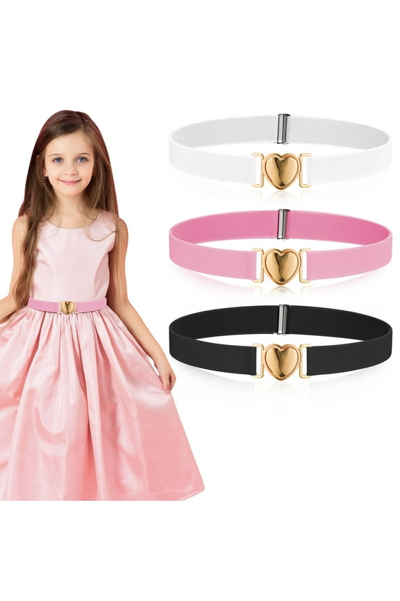 3 Pcs Heart Buckle Elastic Stretch Belts for Girls, Adjustable 18 - 30'' Waist Belt for Toddler, Kids(3 Pack)