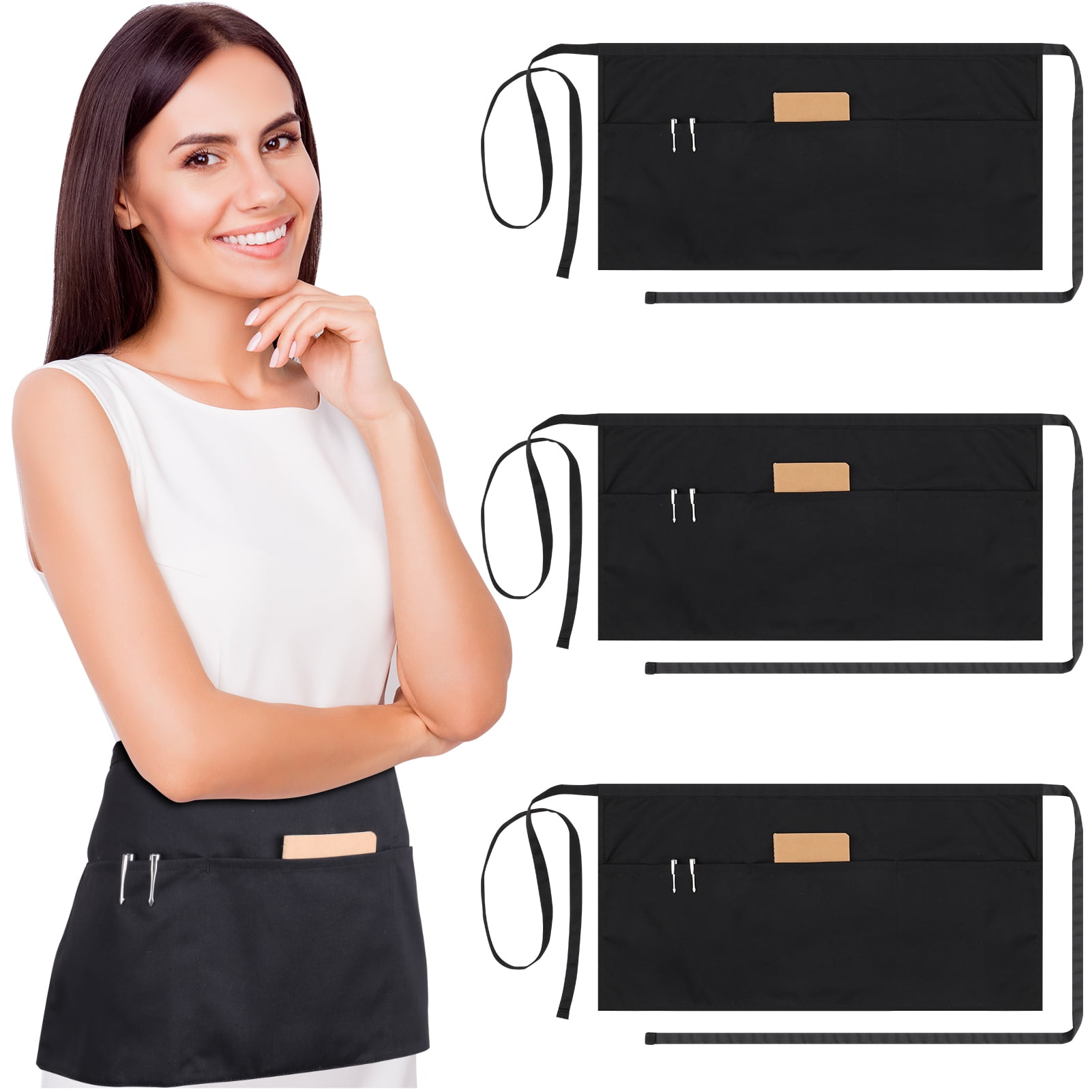HEQUSIGNS 3 Pcs Server Aprons with 3 Pockets, Black Waiter Waitress