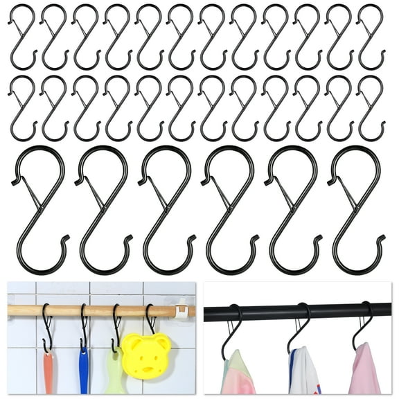HEQUSIGNS 30Pcs 3.7inch Heavy Duty Rustproof Safety Buckle S Hook, Black Design S Hooks for Kitchen Utensil and Closet Rod, Hanging Plants, Pots and Pans, Bathroom, Bags(Black)