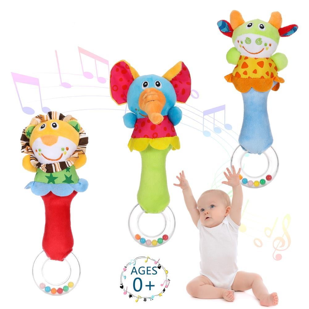 Baby Cartoon Animal Stuffed Hand Rattle with Sound Soft Plush Infant Developmental Hand Grip Toy Gift for Baby Girls Boys