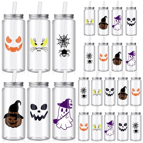 HEQUSIGNS 24 Packs Halloween Plastic Tumbler with Lid and Straw, 13.5 oz Christmas Plastic Tumblers with Lids and Straws Bulk for Halloween Ghost Decorations, Reusable Cups for Halloween Party
