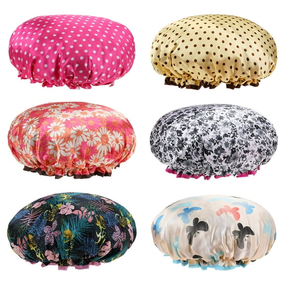 HEQUSIGNS 6PCS Waterproof Shower Cap, Double Layer Reusable Satin Hair Cap, Adjustable Elastic Band Cap for Women Girls