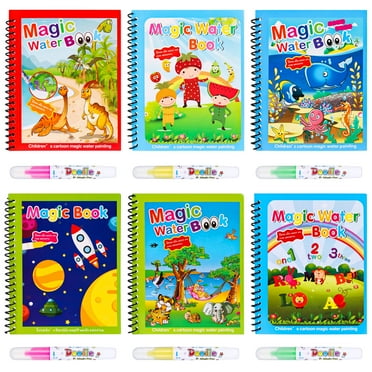 HEQUSIGNS 6Pcs Magic Water Coloring Books, Reusable Painting Books with Water Drawing Pen, Educational Coloring Drawing Books Gifts for Kids Toddlers 3 