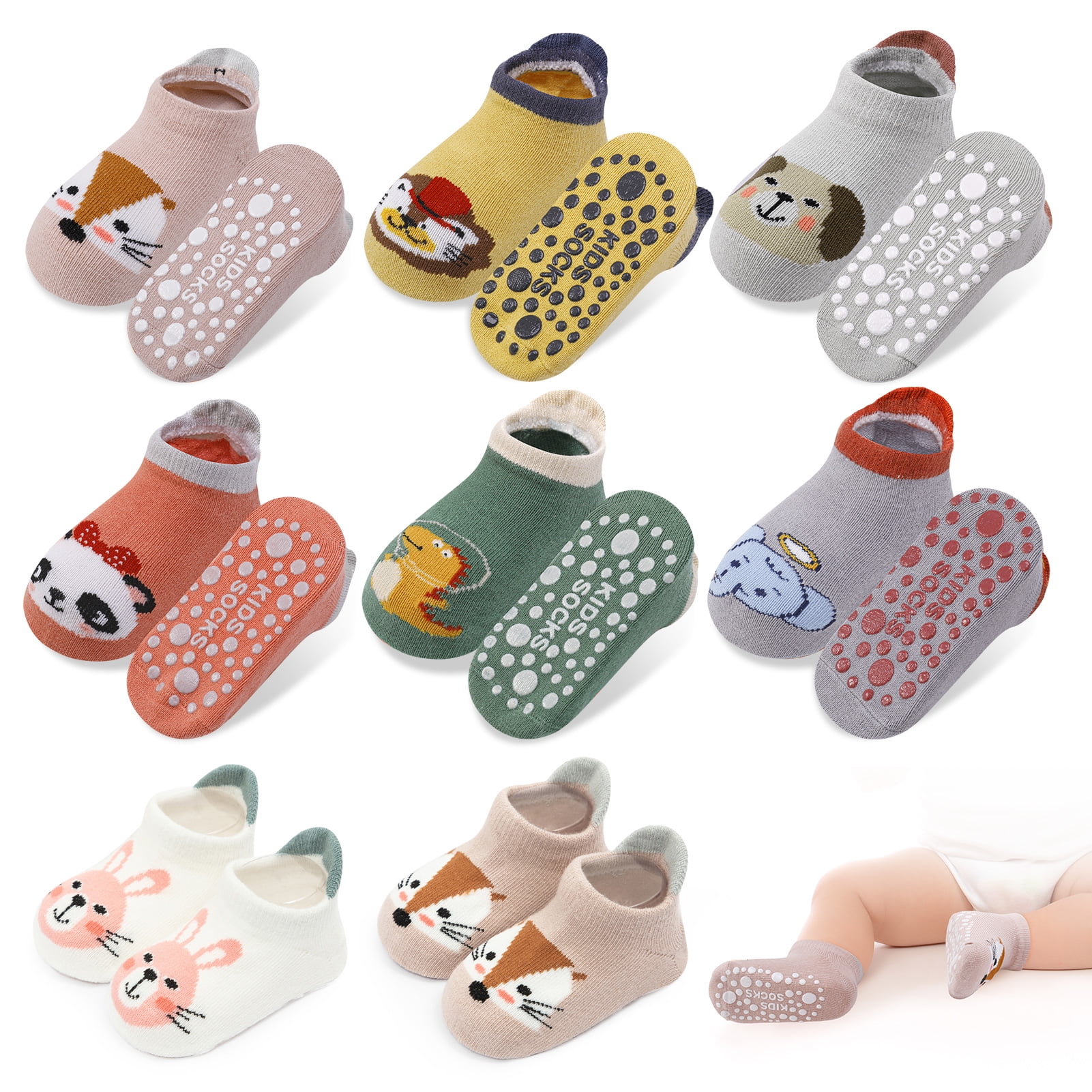 HEQUSIGNS 8 Pairs Baby Non Slip Socks, Cute Animal Cartoon Toddler Ankle Socks with Grips, Anti