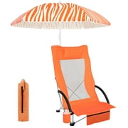 HEQUSIGNS Beach Chair for Adult with Umbrella, Backpack Beach Camping Chairs with Cupholder and Storage Bag, Compact Beach Chair for Sand Camping Travel Outdoor(Orange)