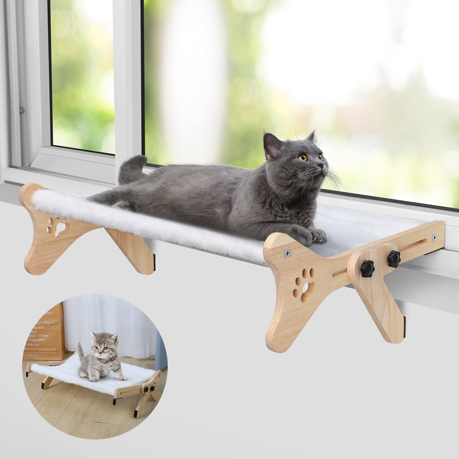 Hequsigns Cat Sill Window Perch, Cat Window Perch with Wood Frame for Large Cats, Adjustable Cat Window Bed for Windowsill, Bedside, Drawer and