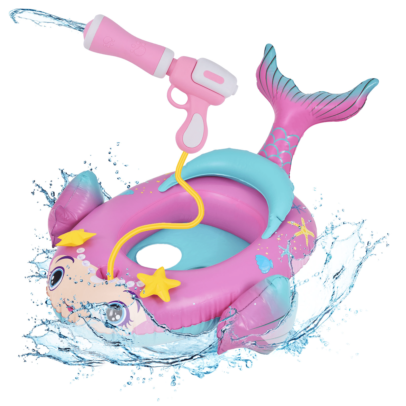 HEQUSIGNS Kids Pool Float with Water Gun, Inflatable Rideon Mermaids