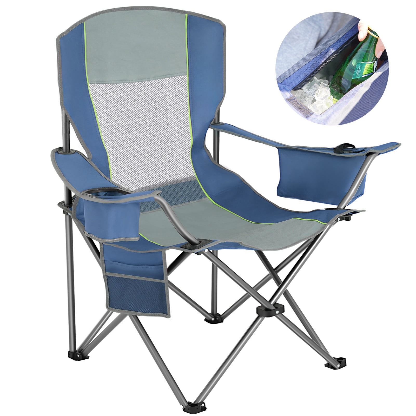 HEQUSIGNS Oversized Folding Camping Chair, Mesh Back Folding Camping Lawn Chair with Cooler Bag