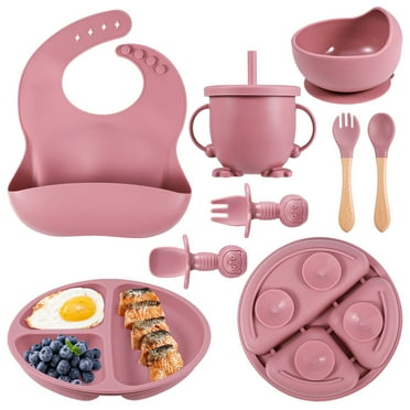 HEQUSIGNS Silicone Baby Feeding Set, 8 Piece Baby Led Weaning Utensils  Set, Baby Plates and Bowl Set, Baby Spoon and Fork, Sippy Cup with Straw, Baby Feeding Supplies Set