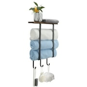 HEQUSIGNS Wall Towel Rack for Rolled Towels, Wall Mounted Towel Holder for Bathroom with Wooden Shelf & Hooks, Bath Towel Storage for Rolled Towels