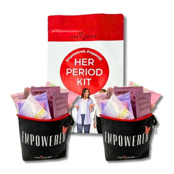 HER-MINE 16 Piece First Period Kit for Girls | Period School Supplies for Teen Girls | Hygiene Kit with Period Pads, Mini Pads, Wipes, and Disposal Bags in a Period Bag (2-Packs)