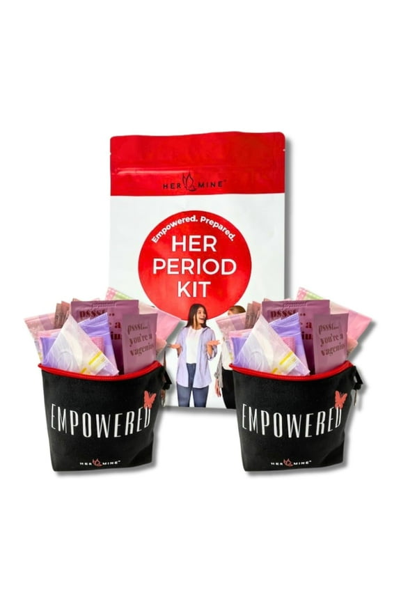 HER-MINE 16 Piece First Period Kit for Girls | Period School Supplies for Teen Girls | Hygiene Kit with Period Pads, Mini Pads, Wipes, and Disposal Bags in a Period Bag (2-Packs)