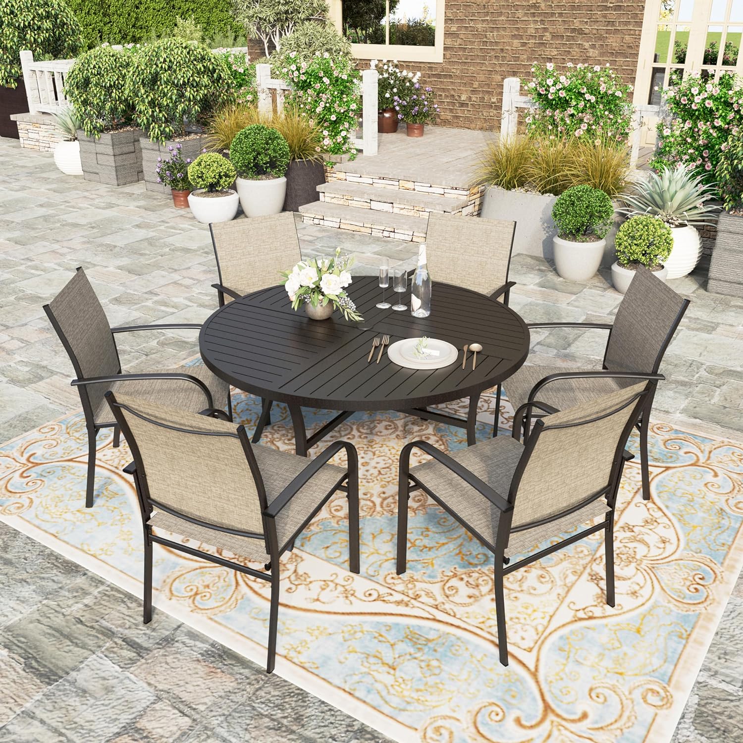HERA'S HOUSE Outdoor Patio Dining Set Metal Table with Umbrella Hole 6