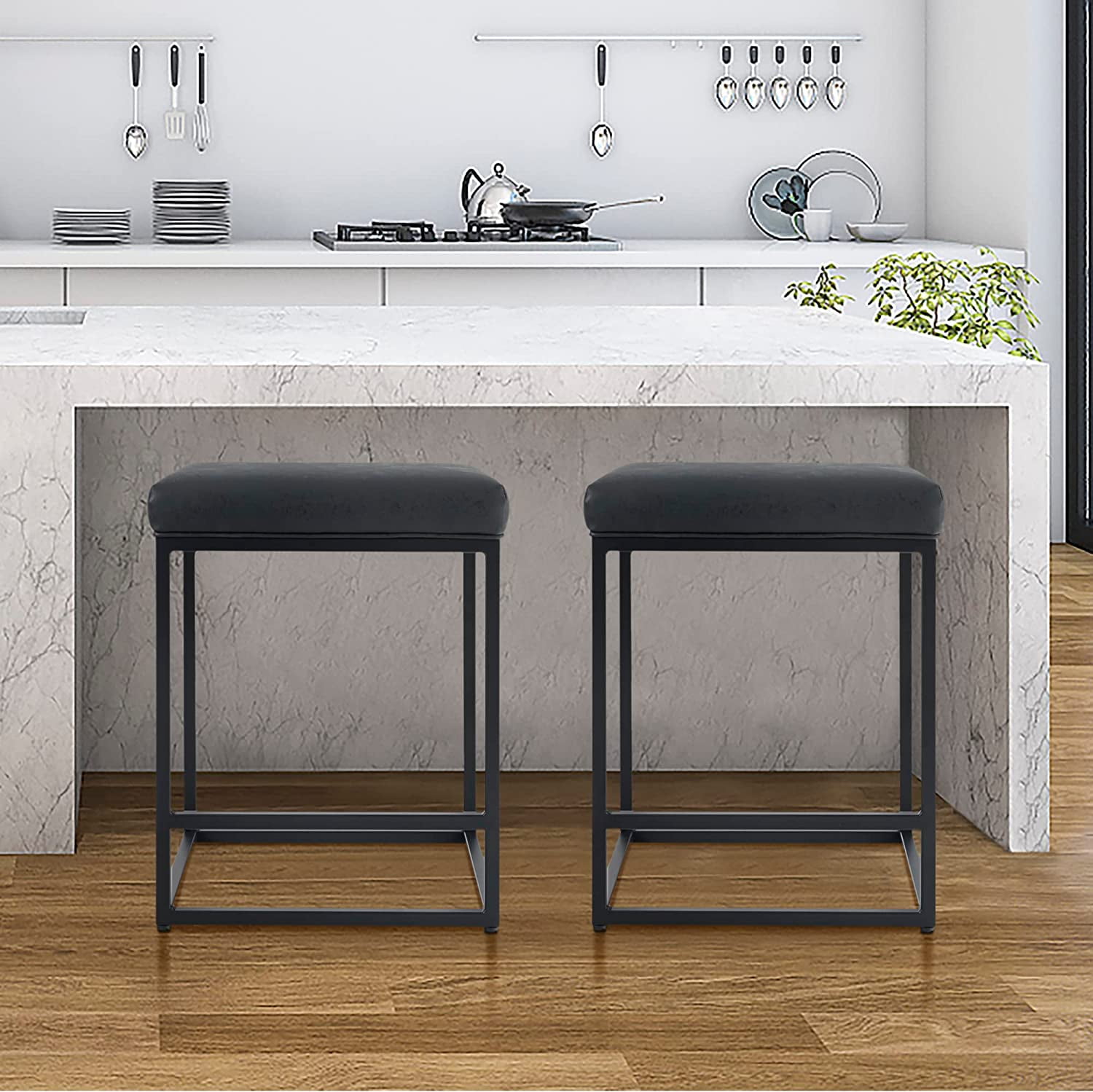 Black Faux Leather and Metal Backless Counter Stools, Set of 2