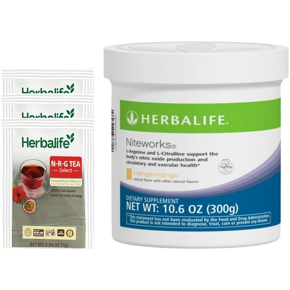 HERBA LIFE NRG Tea Select Passionfruit Hibiscus 30 Packets with Niteworks Orange Mango Flavor 10.6 oz