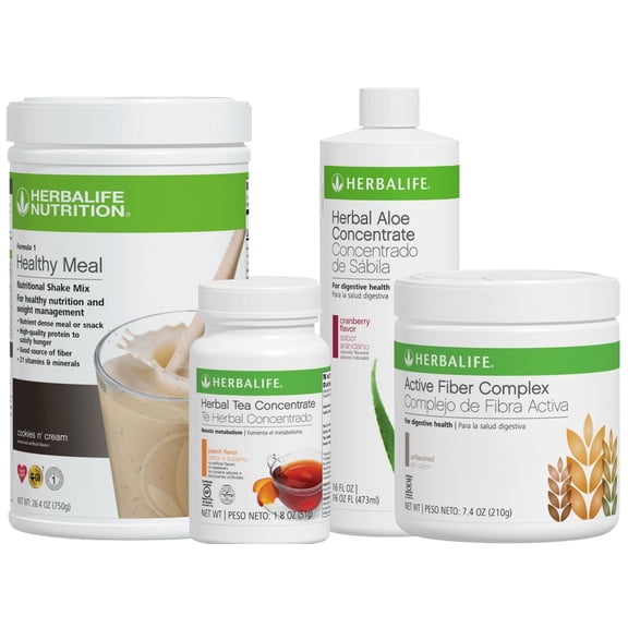 HERBA LIFE NUTRITION 4 Formula 1 Combo (Cookies N' Cream 750g) Shake Mix-Herbal Aloe Concentrate Pint Cranberry 473ml-Active Fiber Unflavored 210g and Herbal Tea Concentrate Peach 51g