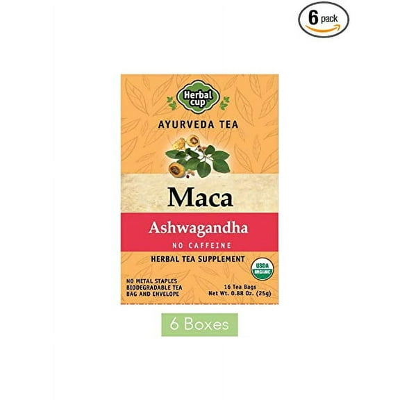 HERBAL CUP MACA ASHWAGANDHA TEA - 6 Pack, 96 Tea Bags Total ORGANIC Pack of 6