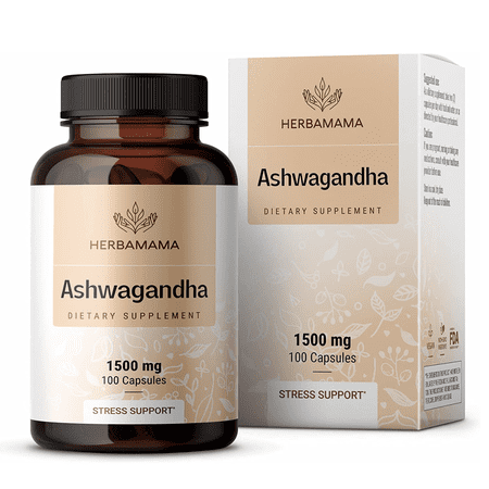 HERBAMAMA Ashwagandha Root Powder Capsules for Energy, Mood and Stress Support, 100 Ct