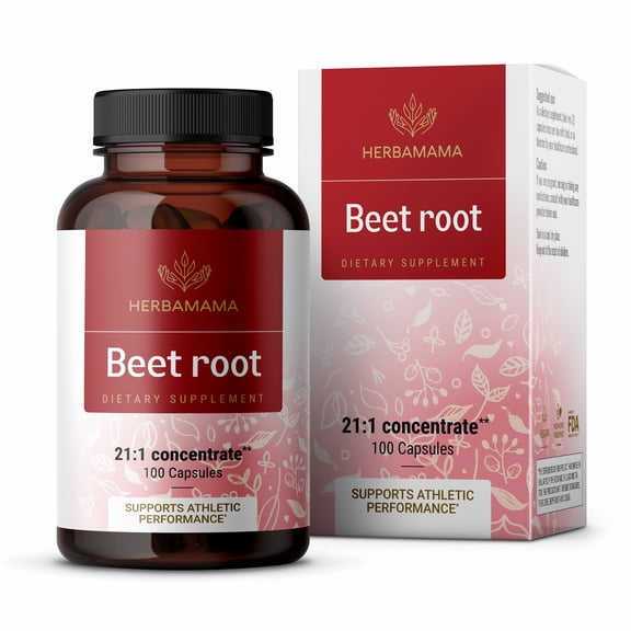 HERBAMAMA Beet Root Capsules - High-Potency 21:1 Concentrate - Energy & Heart Support 100 Caps