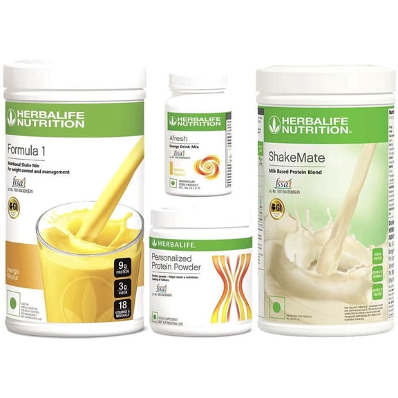 HERBLIFE NUTRITION SHAKE MIX-MANGO WITH SHAKEMATE AND PROTEIN POWDER -200GM AND AFRESH LEMON (PACK OF 4)