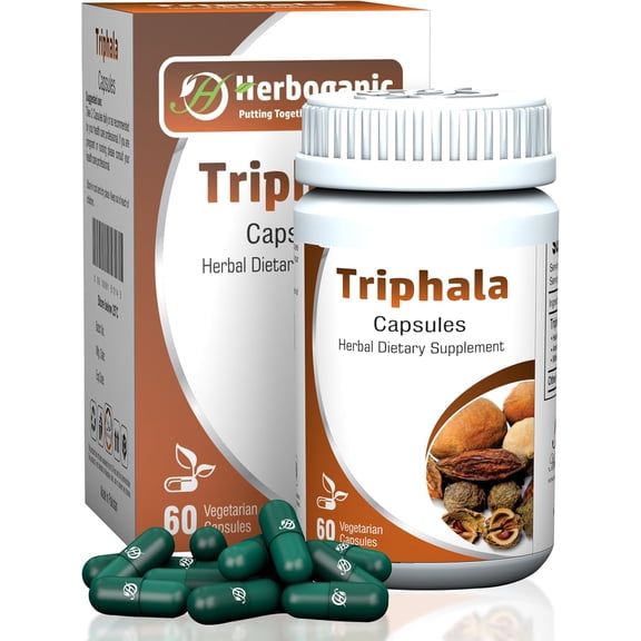HERBOGANIC Triphala Capsules 500mg 60 Capsules -Herbal Supplement with Amla, Bibhitaki, Haritaki for Immune System & Digestive Health Support | Vegan Capsules for Men and Women