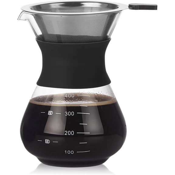HERCHR Pour Over Coffee Maker with Stainless Steel Filter, Glass Coffee Maker Drip Pot Reusable Glass Coffee Pot Manual Coffee Dripper Brewer, No Paper Filters GlassCarafe Maker(14 oz/400 ml)