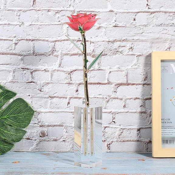 HERCHR Single Rose Vase, Rose Stand Holder Single Flower Stem Holder Base Acrylic Rose Decoration, 24K Gold Rose Display Stand for Artificial Flower Home Room Decoration Ornament