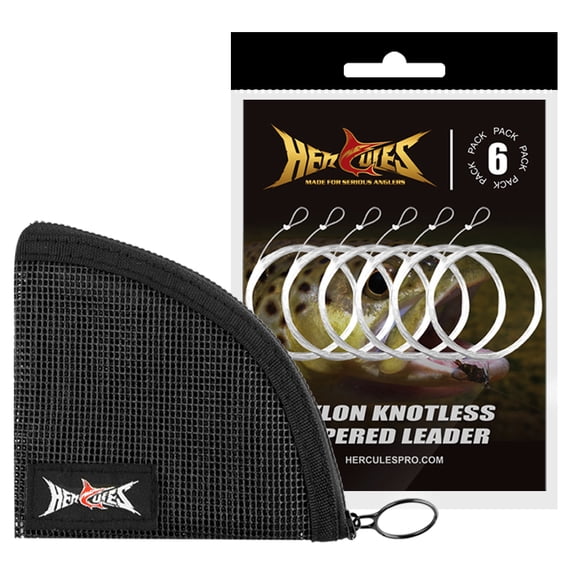HERCULES Pre-Tied Loop Fly Fishing Leader 6 Pack with tapered leader wallet, 7.5FT - 3X 4X 5X