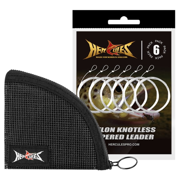 HERCULES Pre-Tied Loop Fly Fishing Leader 6 Pack with tapered leader wallet, 9FT - 5X - 3.7LB