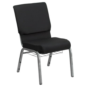 HERCULES Series 18.5''W Church Chair in Black Patterned Fabric with Cup Book Rack - Silver Vein Frame