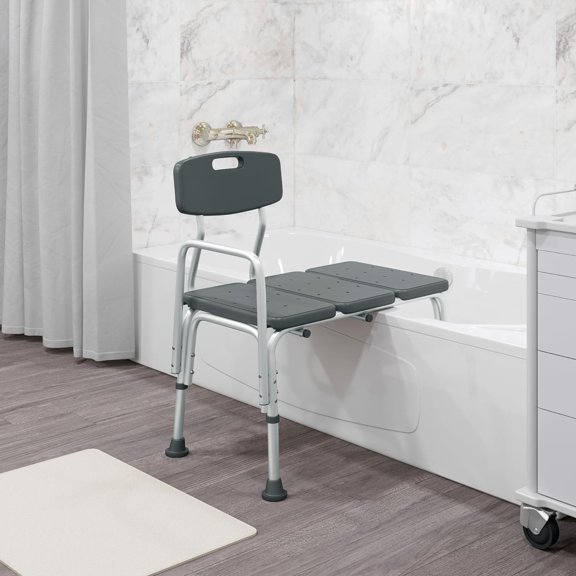 HERCULES Series Adjustable Gray Bath Shower Transfer Bench with Back and Side Arm for Safety
