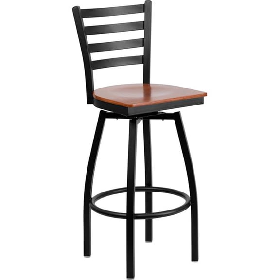 HERCULES Series Black Ladder Back Swivel Metal Bar Stool - Cherry Wood Seat -