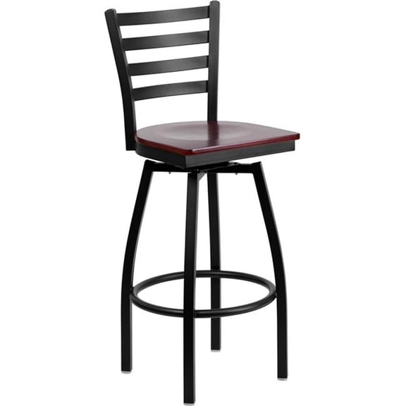 HERCULES Series Black Ladder Back Swivel Metal Bar Stool - Mahogany Wood Seat -