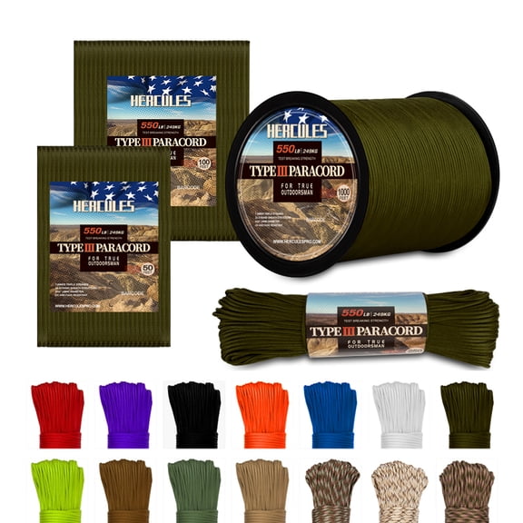 HERCULES Type III Paracord 550 Paracord Rope Parachute Cord, 250' Army Green Paracord for Camping Rope, Survival Rope