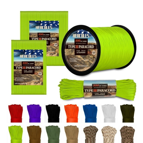 HERCULES Type III Paracord 550 Paracord Rope Parachute Cord, 250' Neon Green Paracord for Camping Rope, Survival Rope